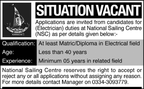 Electrician Jobs at National Sailing Centre NSC Karachi 2014 April