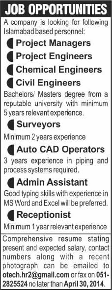 Latest Jobs in Islamabad 2014 April for Engineers, Surveyor, AutoCAD Operator, Admin Assistant & Receptionist