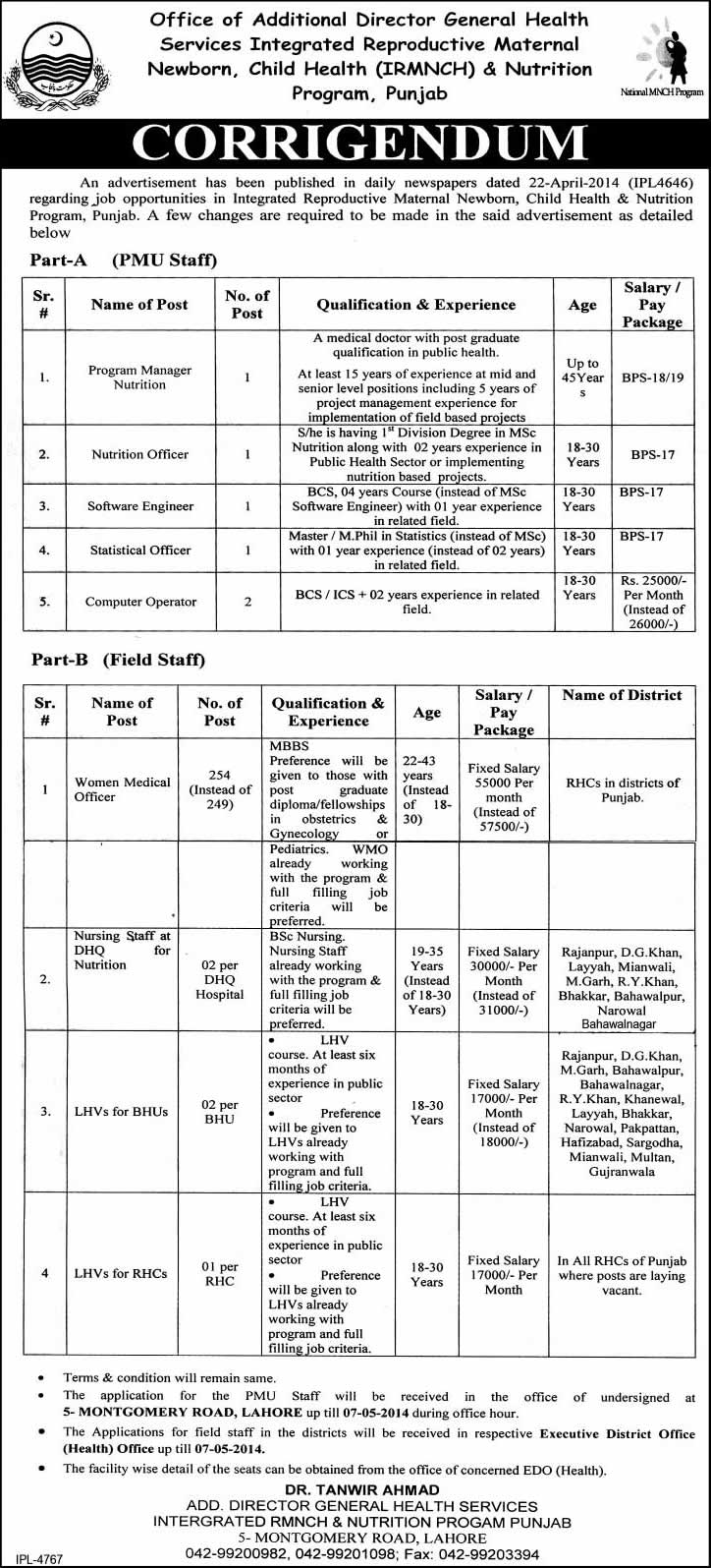 Corrigendum: Integrated Reproductive Maternal Newborn, Child Health & Nutrition Program Jobs 2014 April