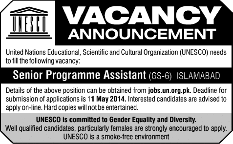 UNESCO Pakistan Jobs 2014 April for Senior Programme Assistant