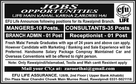 EFU Life Assurance Rawalpindi Jobs 2014 April for Fresh Graduates Latest