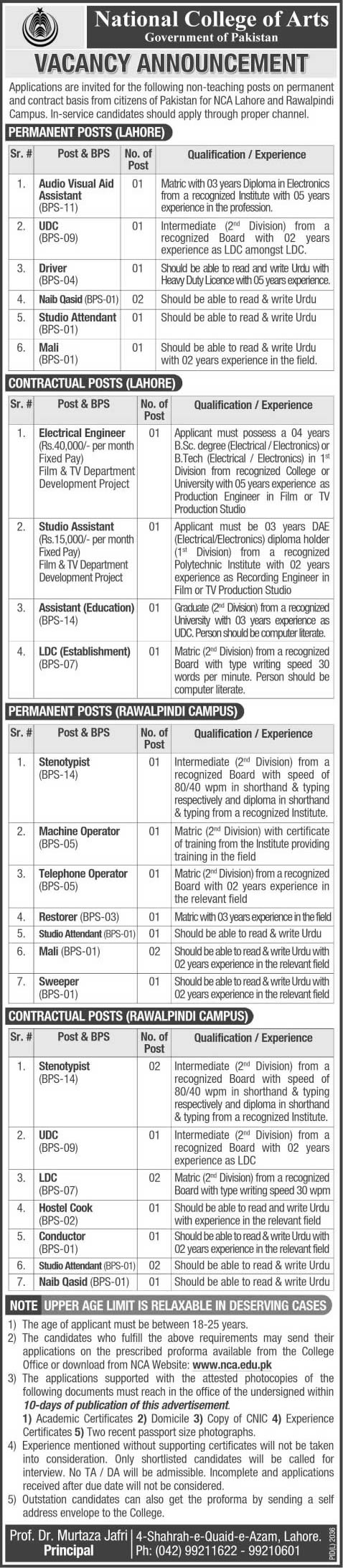 National College of Arts Jobs 2014 May Latest Advertisement