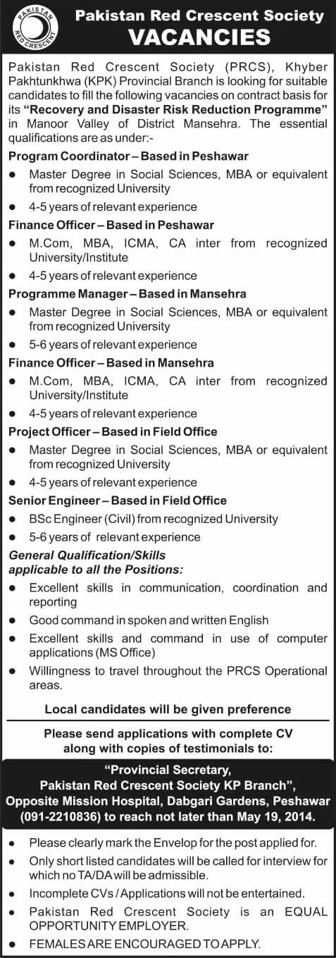 Pakistan Red Crescent Society KPK Jobs 2014 May Latest