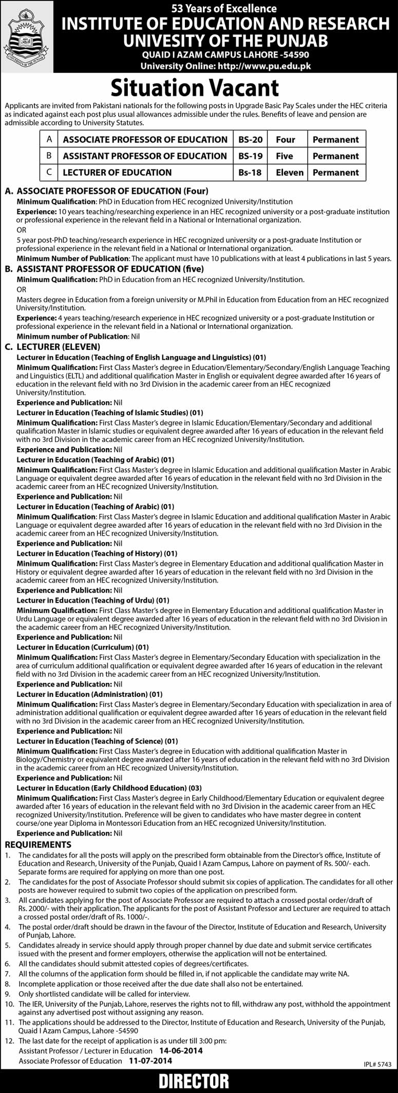 Punjab University Jobs 2014 May for Teaching Faculty at Institute of Education & Research