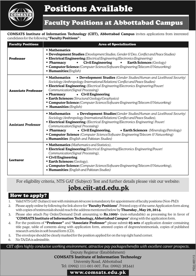 COMSATS Abbottabad Jobs 2014 May for Teaching Faculty