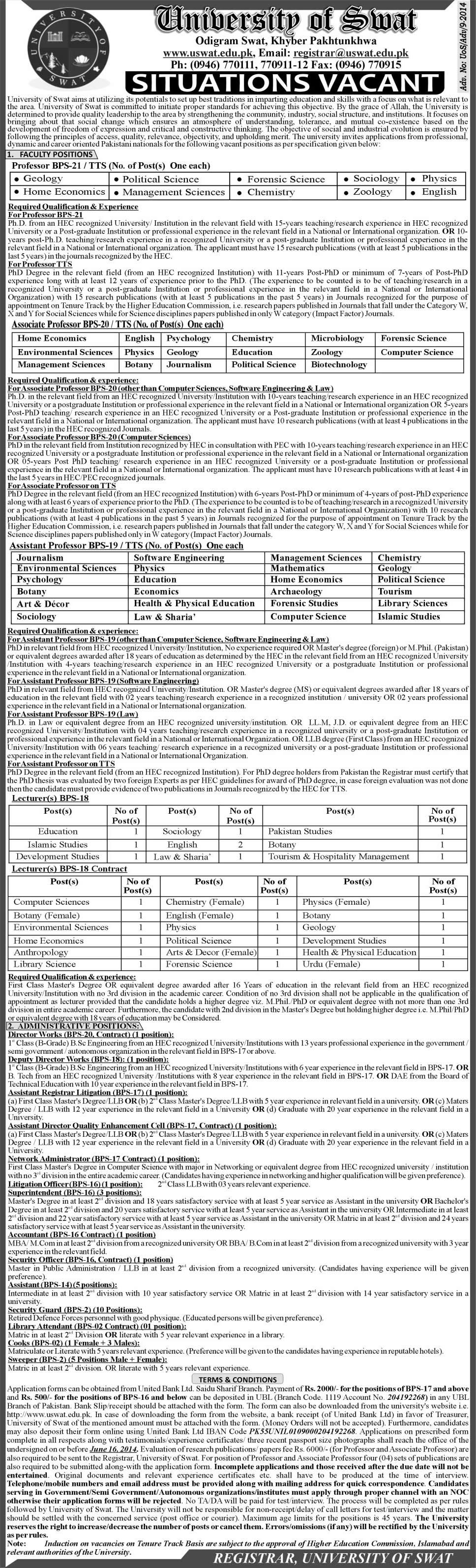 University of Swat Jobs 2014 May for Teaching Faculty & Non-Teaching Staff