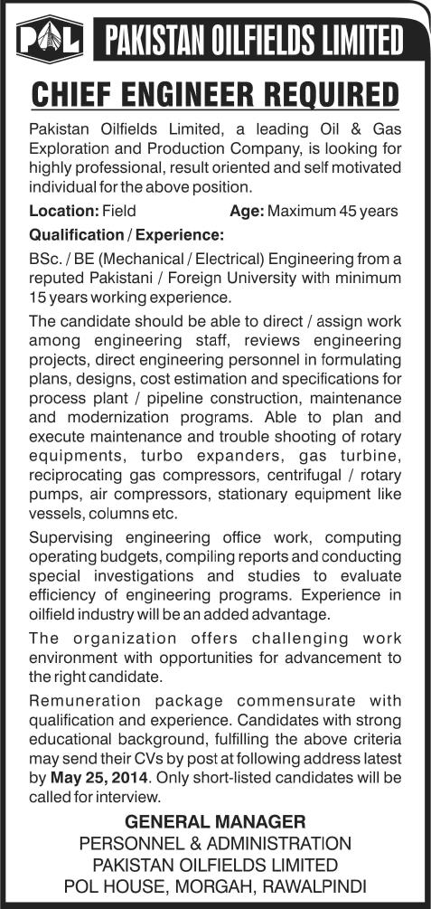 Pakistan Oilfields Limited Jobs 2014 May for Chief Engineer