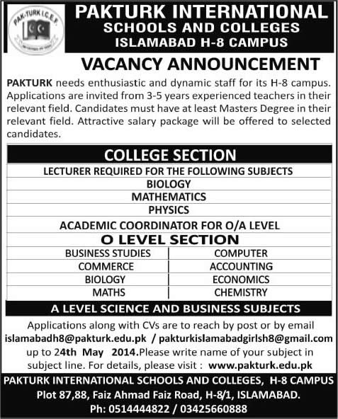 PAKTURK International Schools & Colleges Islamabad Job 2014 May for Teaching Faculty & Aademic Coordinator