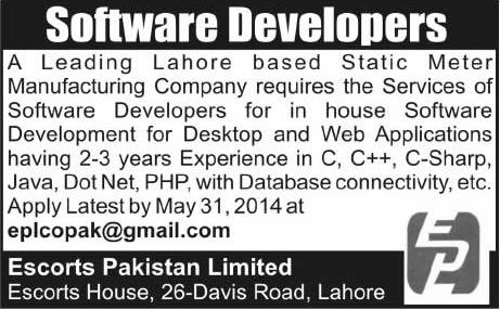 Software Developer Jobs in Lahore 2014 May at Escorts Pakistan Ltd