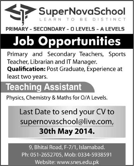 SuperNova School Islamabad Jobs 2014 May Teachers, Librarian & IT Manager