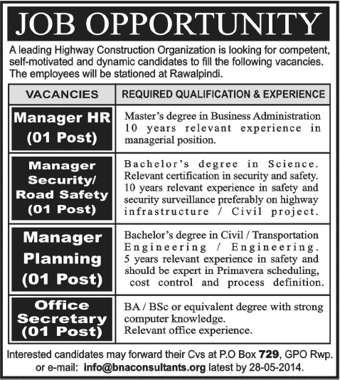 Jobs in Rawalpindi 2014 May for Manager HR / Planning / Security / Road Safety & Office Secretary