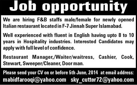 Restaurant Jobs in Islamabad 2014 May for Italian Restaurant