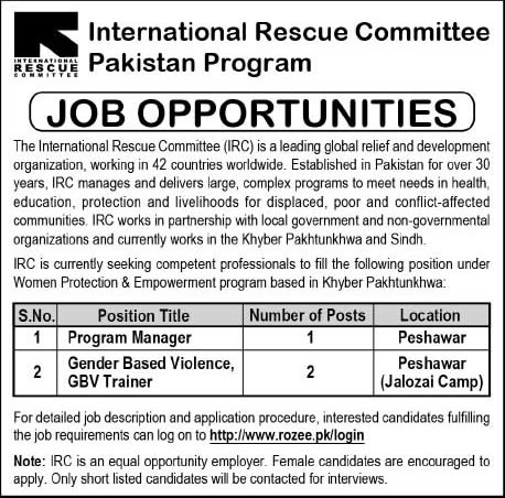 Program Manager & Gender Based Violence Trainer Jobs in Peshawar 2014 May at International Rescue Committee
