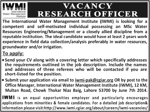 Research Officer Jobs in Lahore 2014 May at International Water Management Institute (IWMI)