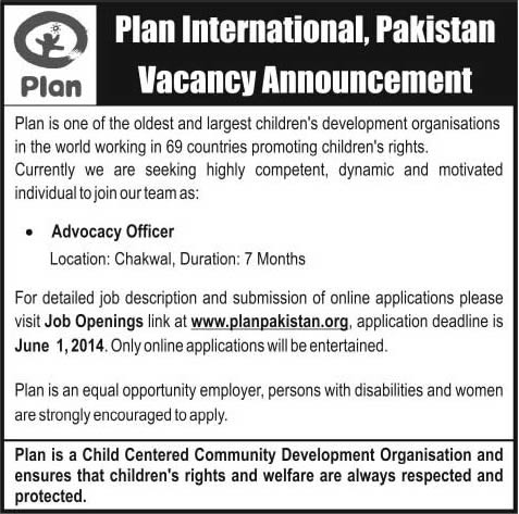 Plan International Pakistan Jobs 2014 May / June for Advocacy Officer