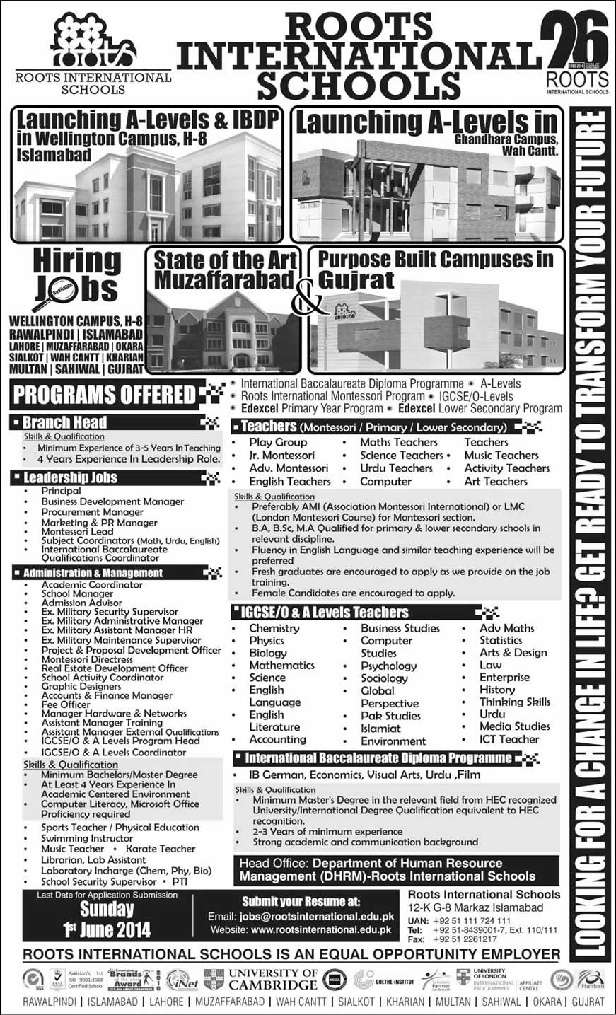 Roots School System Jobs 2014 May International Latest Advertisement