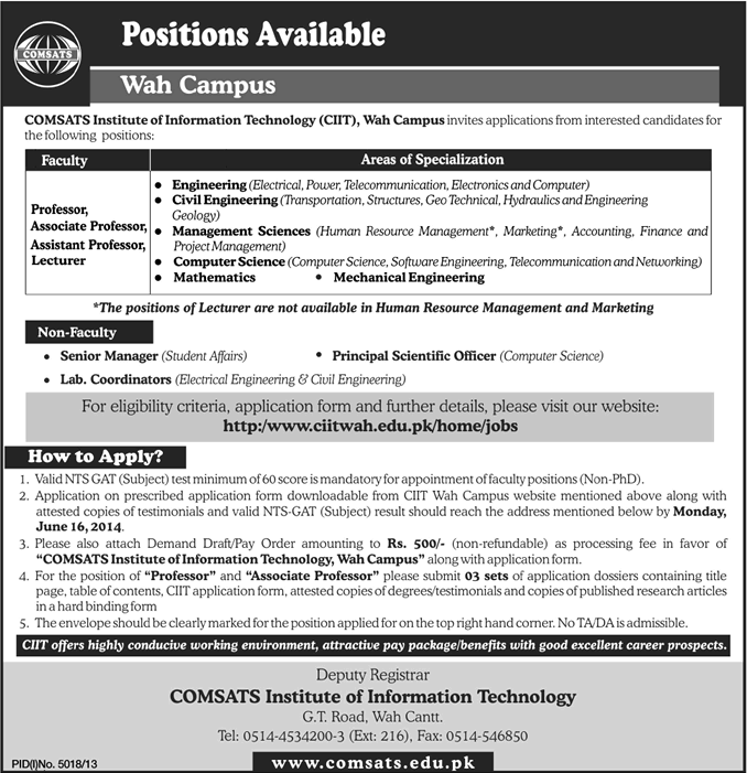 COMSATS Wah Campus Jobs 2014 June for Teaching Faculty & Non-Teaching Staff