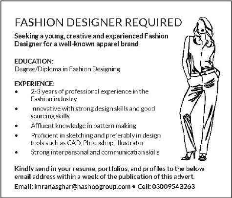 Hashoo Group of Companies Jobs 2014 June for Fashion Designer