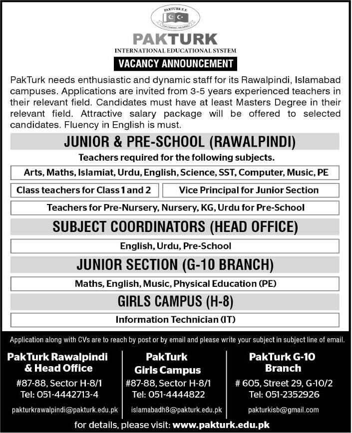 PAKTURK School Jobs 2014 June for Teaching Staff, Vice Principal & Subject Coordinators