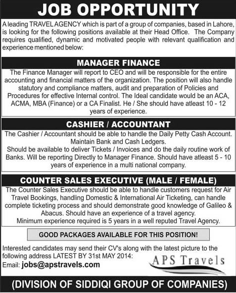 Finance Manager, Cashier / Accountant & Sales Executive Jobs in Lahore 2014 June at APS Travels