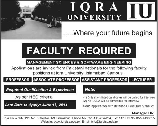 Iqra University Islamabad Jobs 2014 June for Taeching Faculty