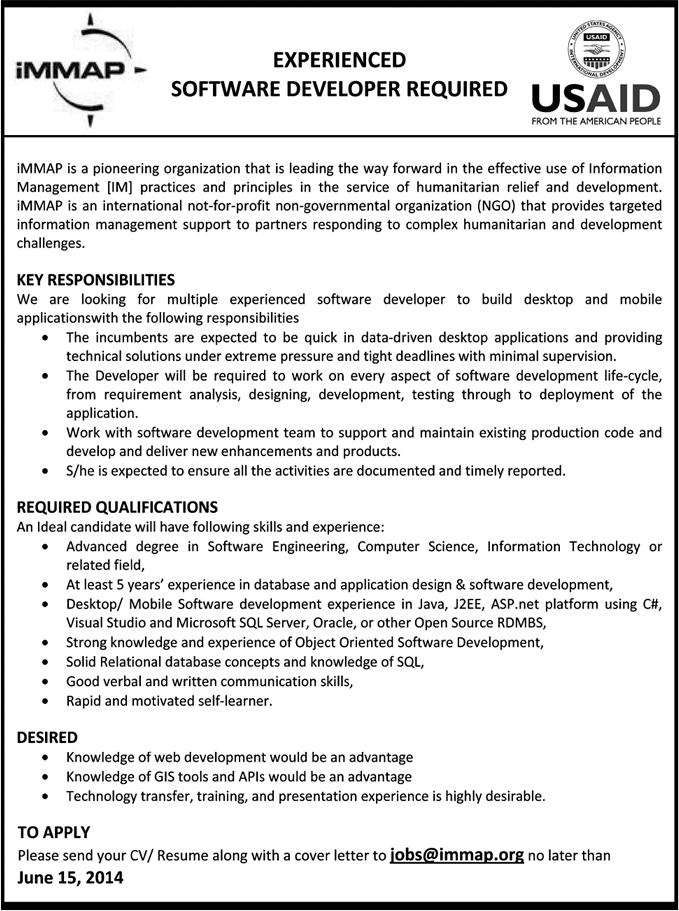 Software Engineer / Developer Jobs in iMMAP Pakistan 2014 June