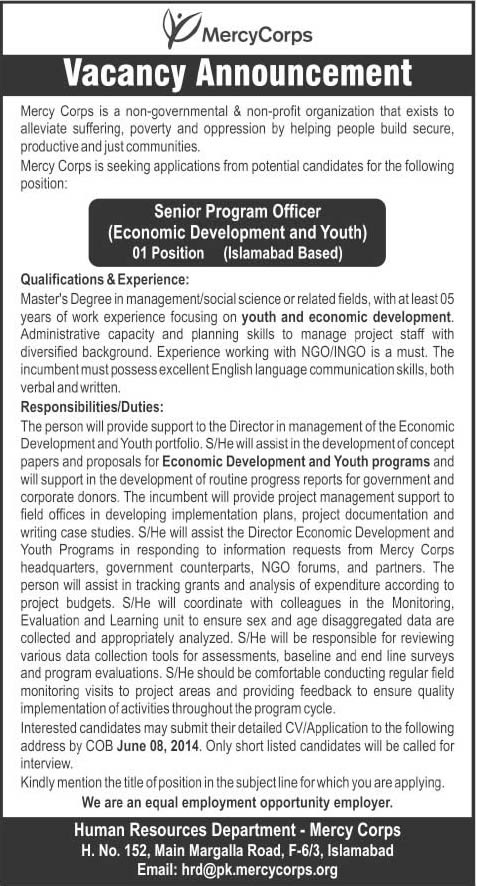 Mercy Corps Islamabad Jobs 2014 June for Senior Program Officer