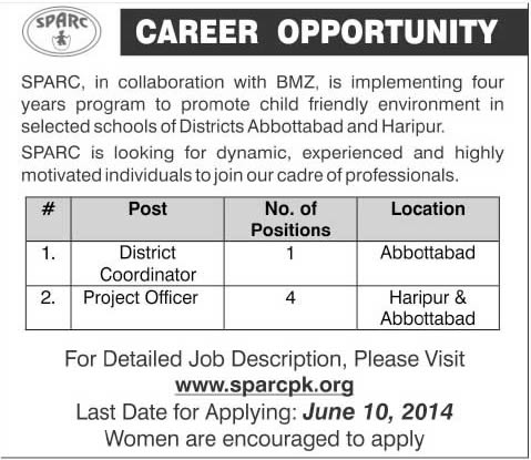 SPARC Pakistan Jobs 2014 June for District Coordinator & Project Officer