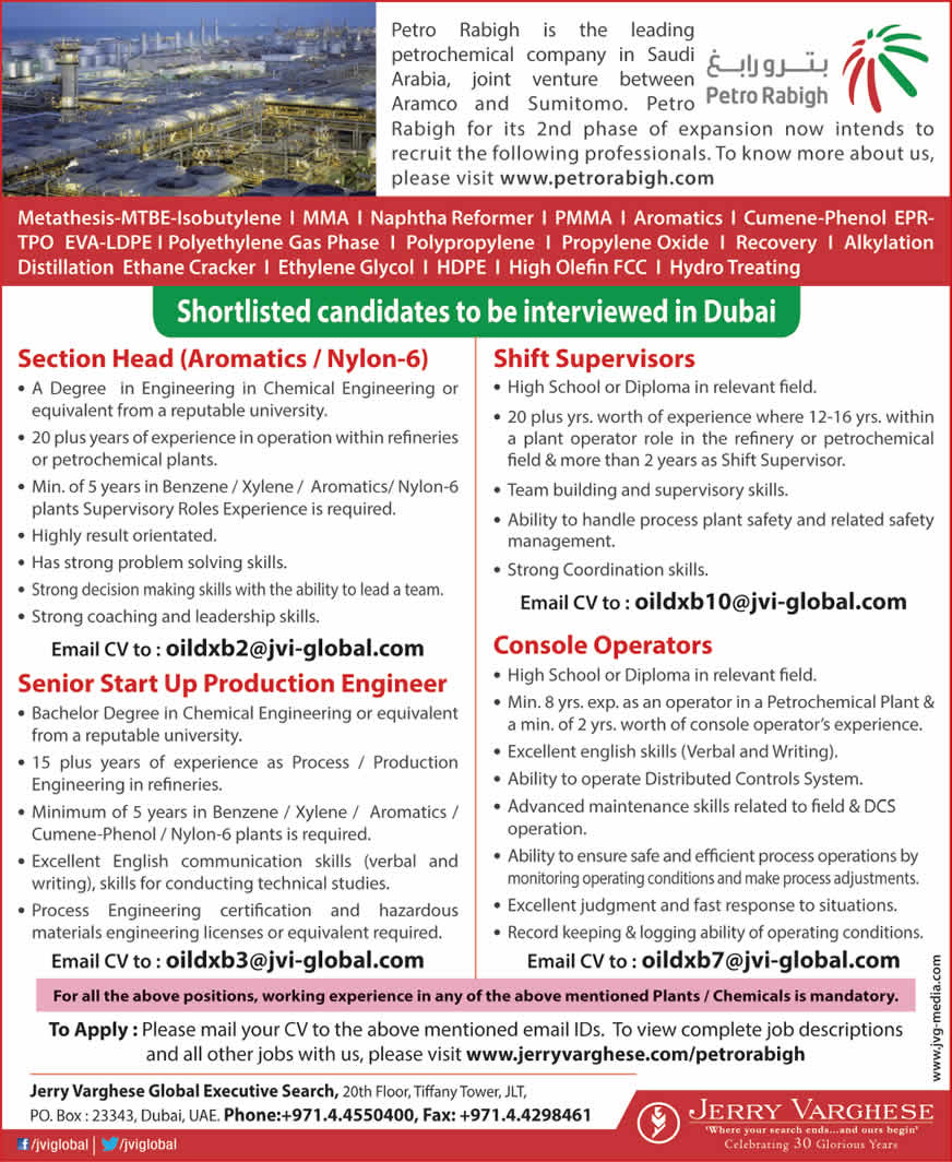 Petro Rabigh Saudi Arabia Jobs 2014 June for Chemical Engineers, Shift Supervisors & Console Operators