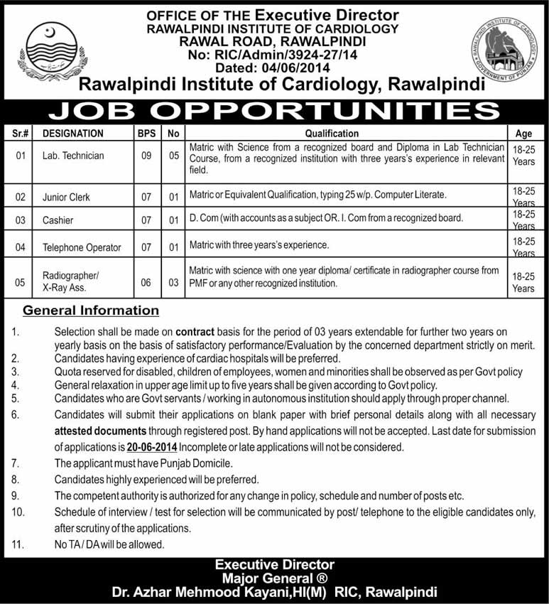 Rawalpindi Institute of Cardiology Jobs 2014 June for Lab Technicians, Radiographers & Office Staff