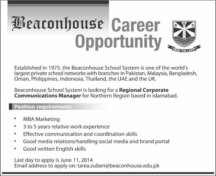 Beaconhouse School System Islamabad Jobs 2014 June for Regional Corporate Communication Manager