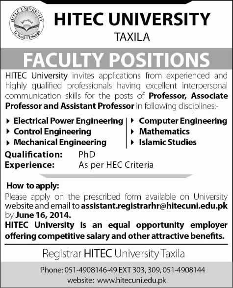 Teaching Faculty Jobs in HITECH University Taxila 2014 June Latest Advertisement