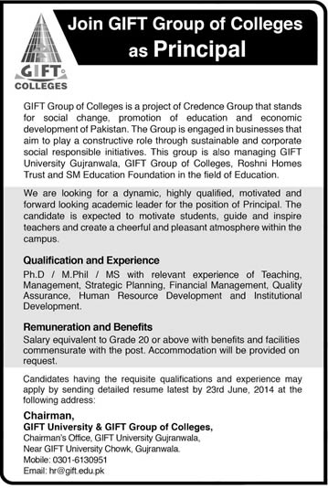 Gift University Gujranwala Jobs 2014 June for Principal