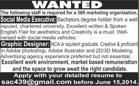 Social Media Executive & Graphic Designer Jobs in Lahore 2014 June