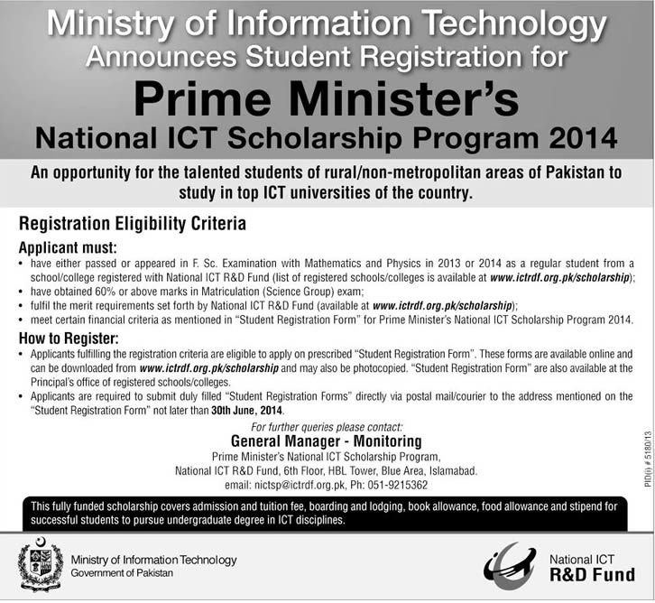 Prime Minister’s National ICT Scholarship Program 2014 June Ministry of Information Technology