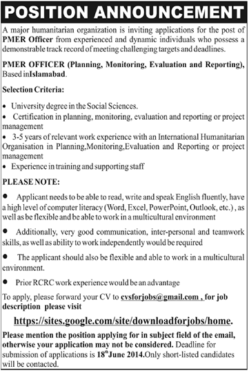 PMER Officer Jobs in NGO Islamabad 2014 June Planning, Monitoring, Evaluation & Reporting Officer