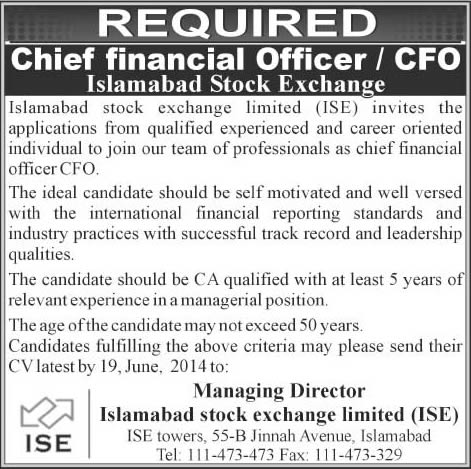 Islamabad Stock Exchange Jobs 2014 June for Chief Financial Officer / CFO