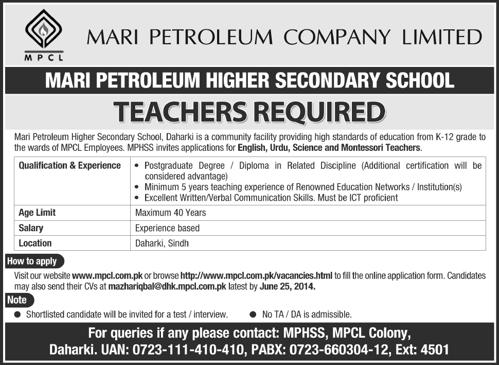 Mari Petroleum High Secondary School Daharki Sindh Jobs 2014 June for Teaching Faculty