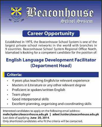 Beaconhouse School System Islamabad Jobs 2014 June for English Language Development Facilitator