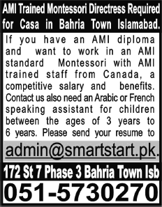 Smart Start Montessori School Jobs 2014 June for Montessori Directress & French / Arabic Speaking Assistant