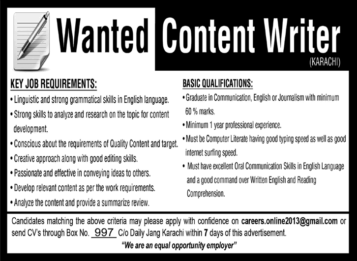 Content Writer Jobs in Karachi 2014 June Latest