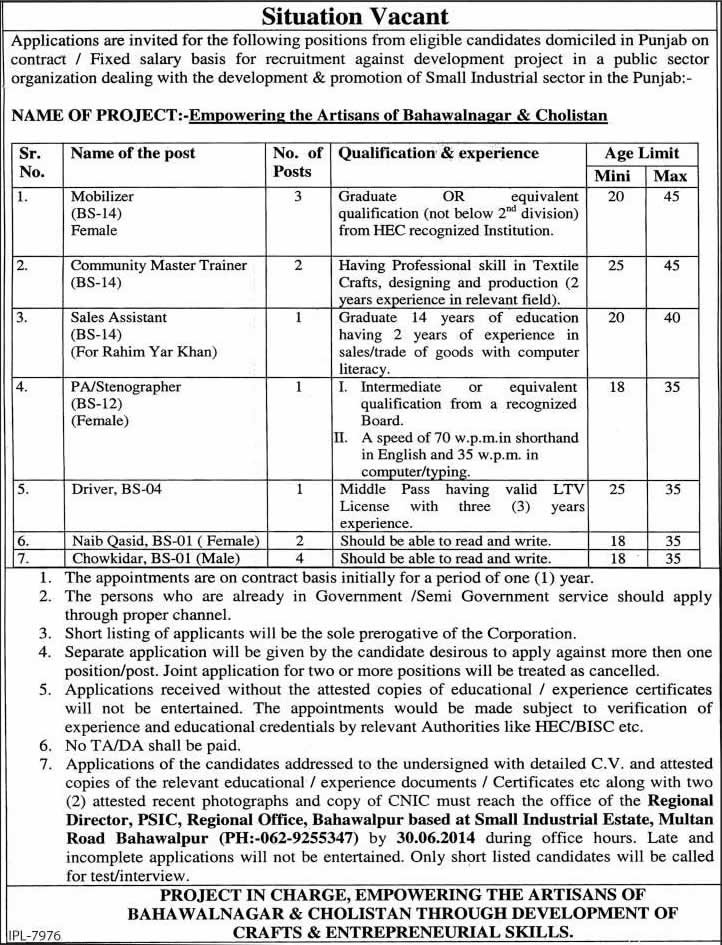 Empowering the Artisans of Bahawalnagar & Cholistan Project Jobs 2014 June Latest