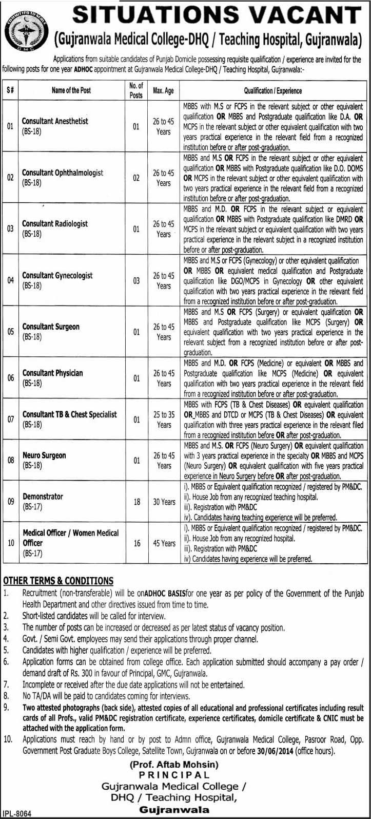 Gujranwala Medical College Jobs 2014 June for Medical Consultants / Specialists