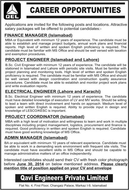 Qavi Engineers (Pvt) Ltd Jobs 2014 June for Civil / Electrical Engineers & Admin Staff