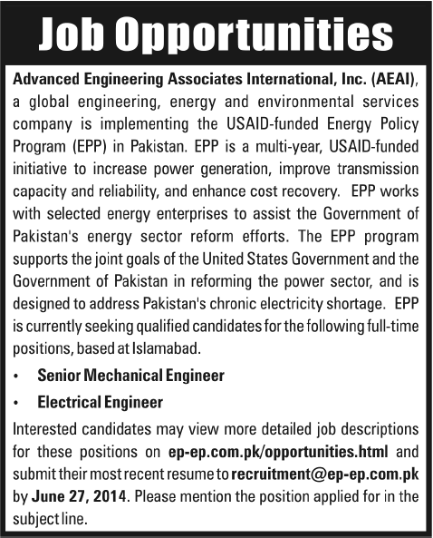 Mechanical / Electrical Engineering Jobs in Islamabad 2014 June at Advanced Engineering Associates International