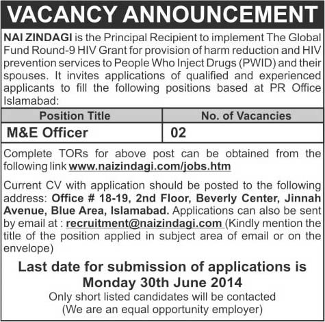 Nai Zindagi Islamabad Jobs 2014 June for Monitoring & Evaluation Officer