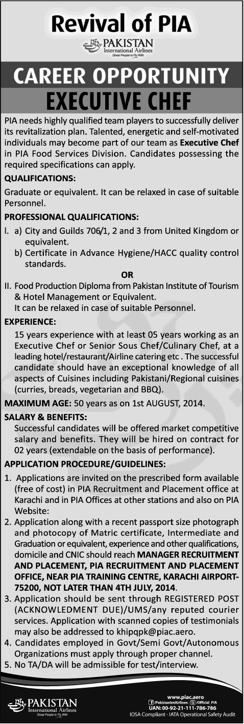 PIA Jobs 2014 June for Executive Chef