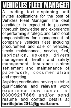 Fleet Manager Jobs in Pakistan 2014 June at Textile Spinning Unit