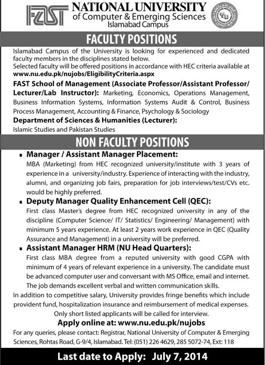 FAST University Islamabad Jobs 2014 June / July for Teaching Faculty & Admin Staff