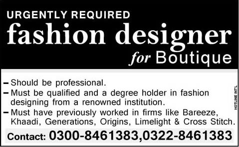 Fashion Designer Jobs in Lahore 2014 June / July at Boutique